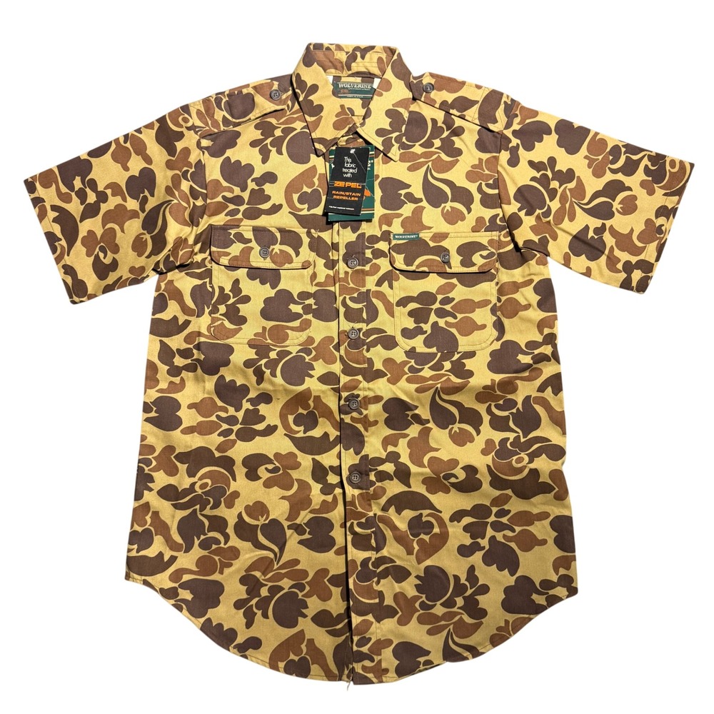 Vintage Wolverine Duck Hunter Camo Short Sleeve Hunting Shirt Brown USA M